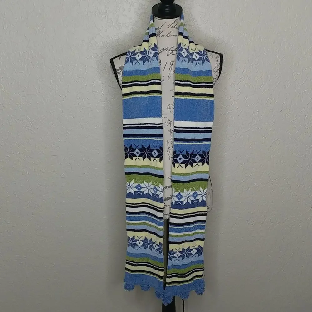 Multicolored Snowflake and Striped Scarf With Pom Poms Detail